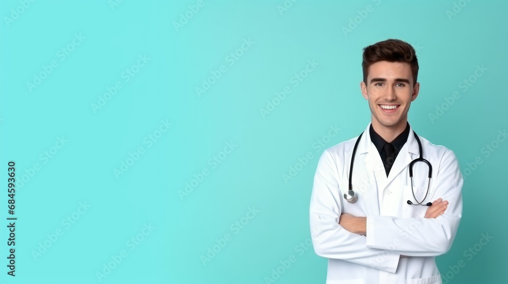 Doctor stand with confidence on blue background, with copy space Doctor stand with confidence on blue background, with copy space