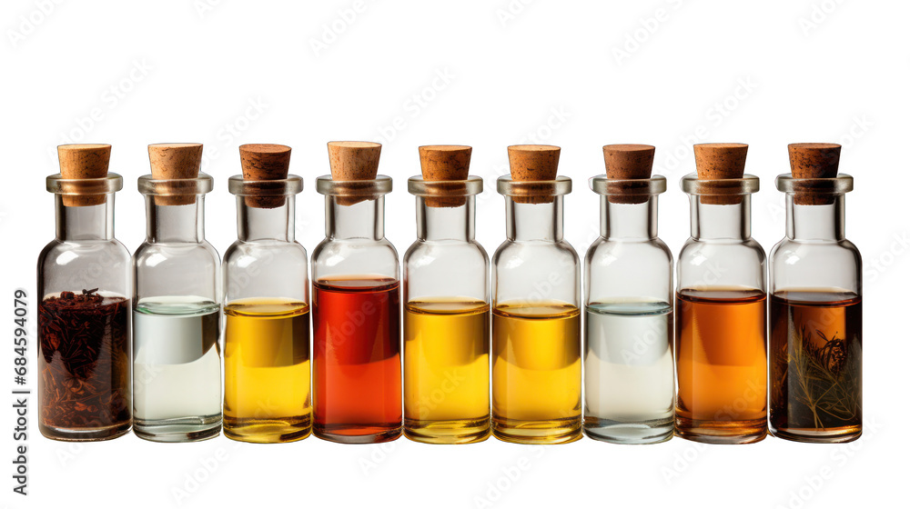Set of Essential Oils Isolated on Transparent or White Background, PNG