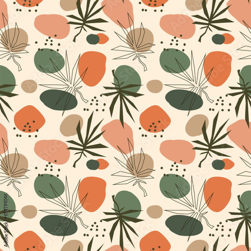 Abstract boho chic botanical design with palm leaves and round pebbles shapes in earthy colors, modern pastels green, pink blush beige olive,  vector illustration seamless patern repeat design