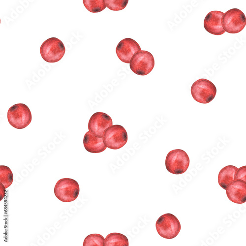 Watercolor painted red berries seamless pattern, holly berry or cranberries, kalina or rowan. Christmas, New year illustration for packaging, wrapping paper, wallpaper. Isolated on white background.  photo