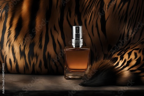 perfume bottle presentation , tiger fur pattern fabric backgrouns , cosmétic bottle template photo