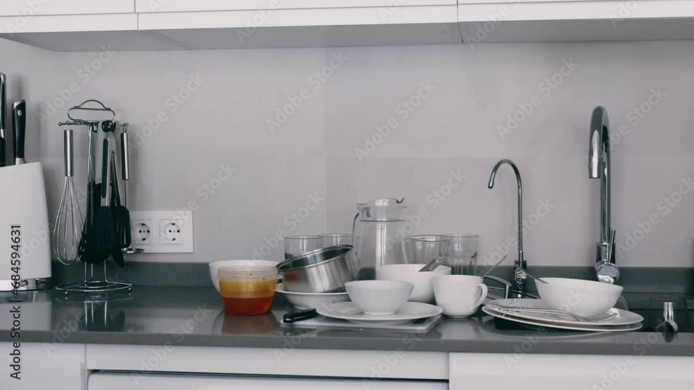 White dirty dishes in grey modern kitchen by sink, mess in the kitchen, monochrome, washing kitchenware at home. Cups,plates White dirty dishes in grey modern kitchen by sink, mess in the kitchen, monochrome, washing kitchenware at home. Cups,plates