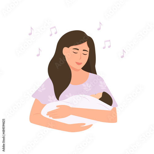 Mother holding a little  baby and 
singing a lullaby. Kids bedtime, sleep hygiene, happy childhood Vector flat illustration