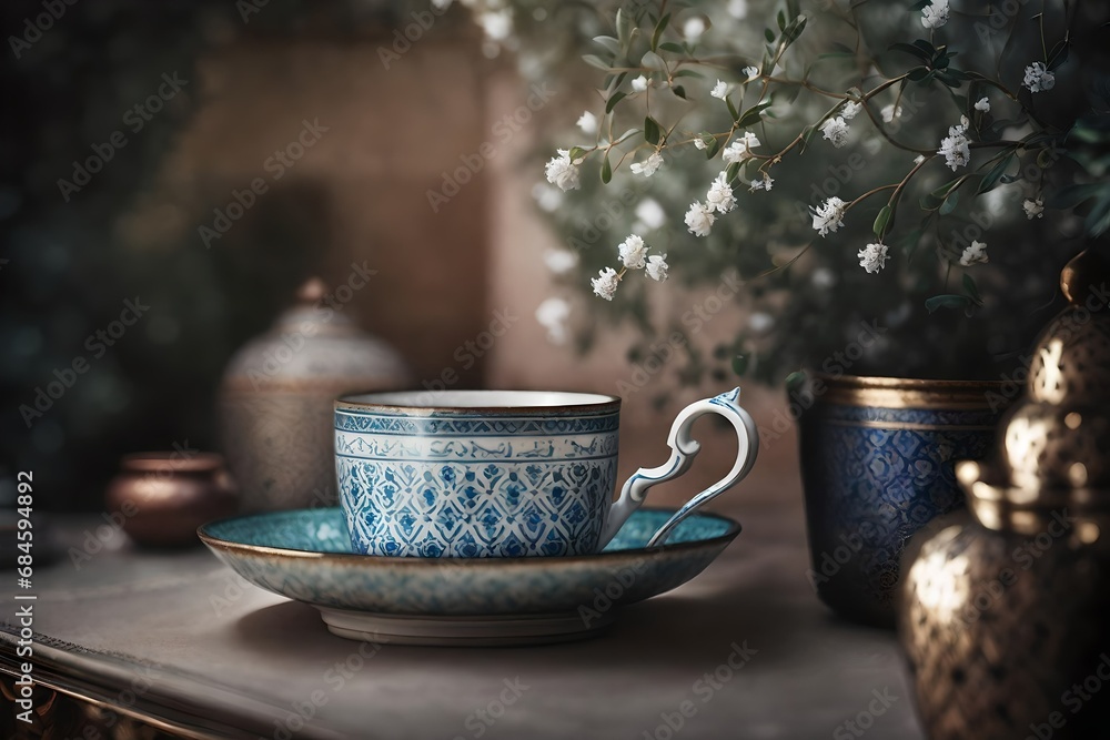 Fototapeta premium moroccan tea in a luxurious riad background
