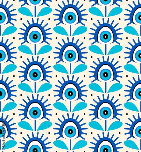 cute amulet evil eyes weird whimsical greek blue third eye talisman flowers seamless pattern, vector illustration repeat texture