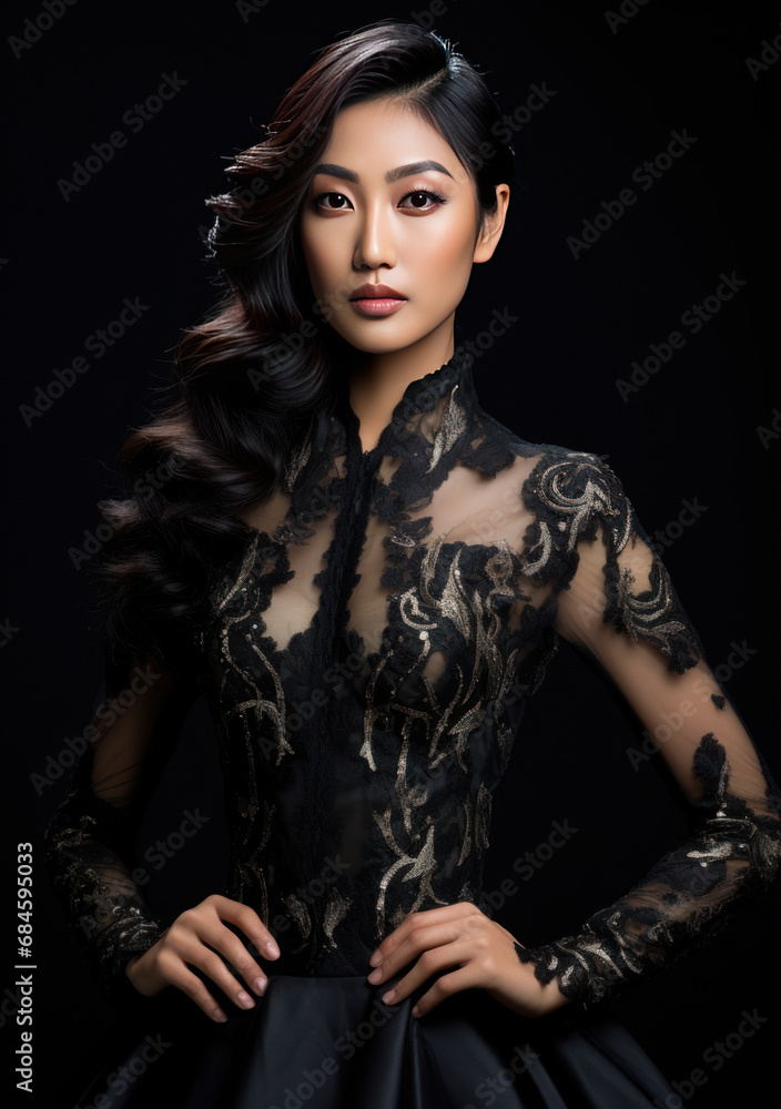 Beautiful Asian Woman Model in haute couture fashion on clear Background Beautiful Asian Woman Model in haute couture fashion on clear Background