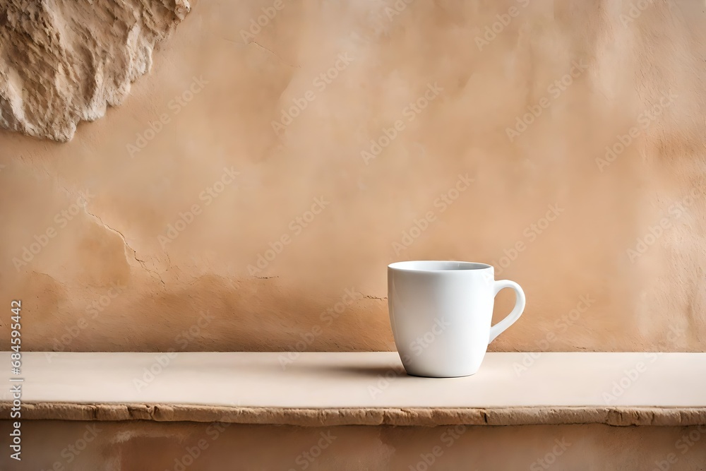 cup of coffee on ancient tuscan stucco wall background - obrazy, fototapety, plakaty 