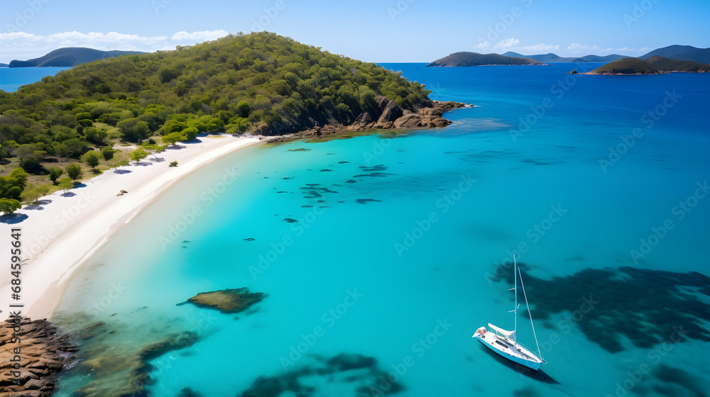 Aerial from Whitsunday Island coastline where tropical rainforest meets turquoise blue ocean with boats floating next to white sand beach,Generated Ai