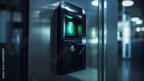 close-up photograph of a modern and secure biometric access control system at a business entrance  photo