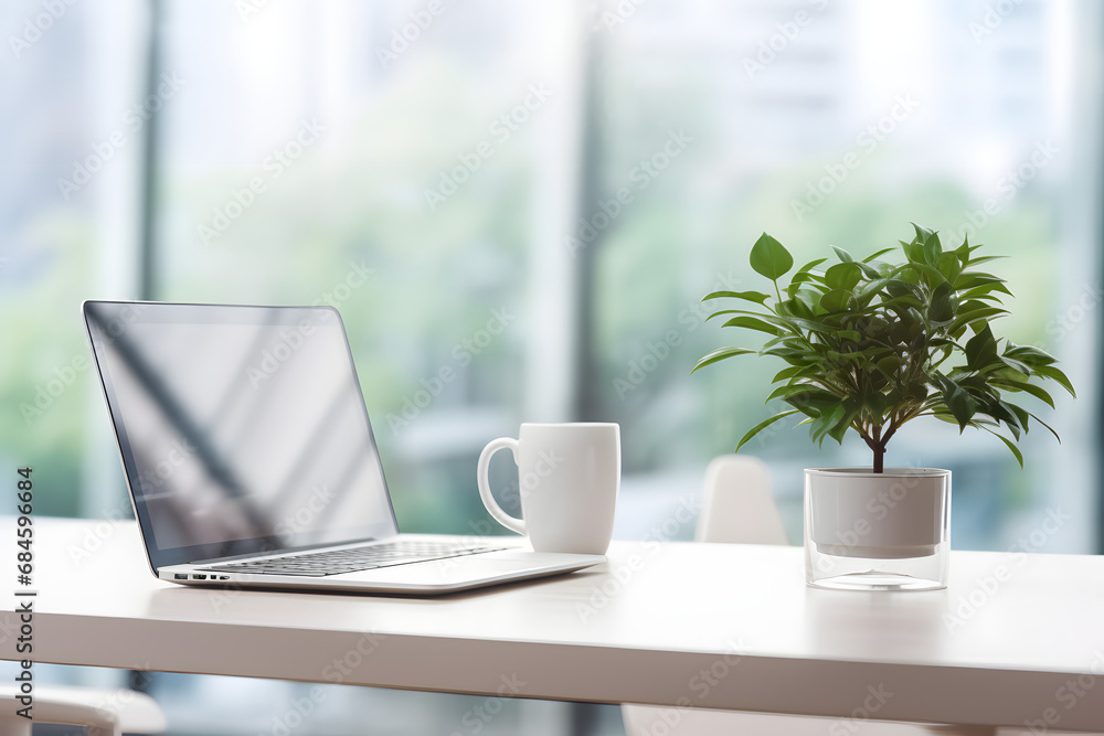 Close up view of comfortable office desk with laptop, mug, tree pot, office supplies and copy space on white table in glass partition office. Generative Ai. Close up view of comfortable office desk with laptop, mug, tree pot, office supplies and copy space on white table in glass partition office. Generative Ai.