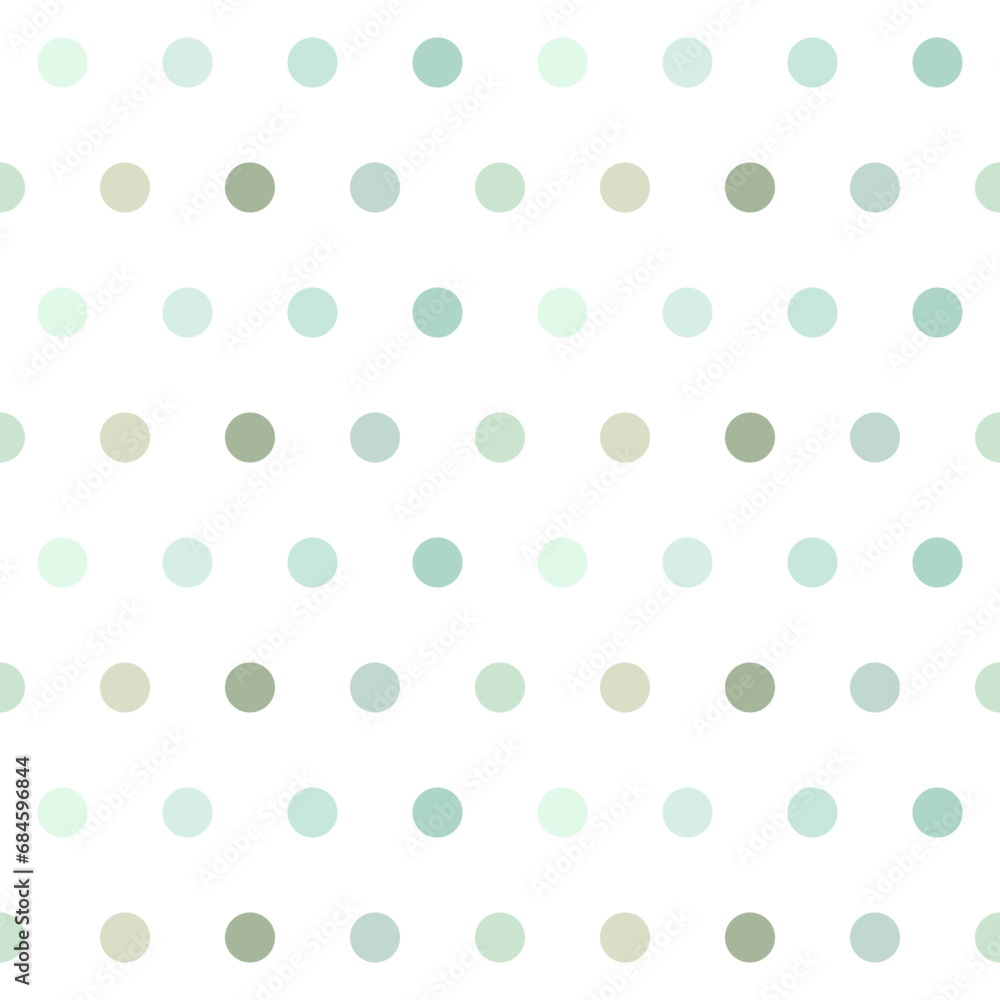 Beautiful geometric seamless pattern vector. Pastel green tone circles on white background. Green dots wallpaper. Design for fabric, textile, skirt, shirt, scarf, wrapping paper, crafting tape, washi