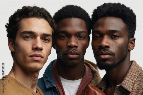 Close-up portrait of three mixed nations, multicultural men on a white background.