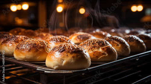 Baked buns on a baking sheet in the oven at the bakery.