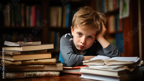 Child has a hard time studying at a table with textbooks