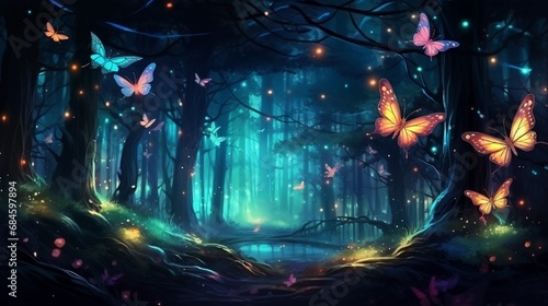 Fluttering fireflies and butterflies fly in the night fantasy enchanted forest 