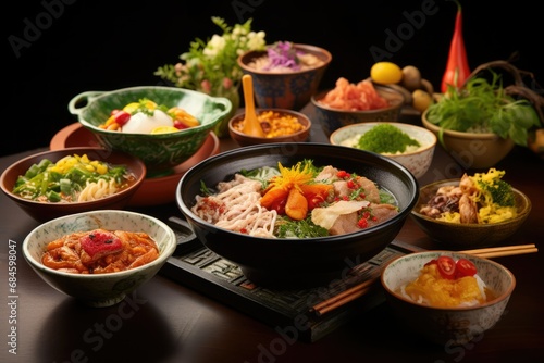 Variety of Asian food in bowl, Japanese meal
