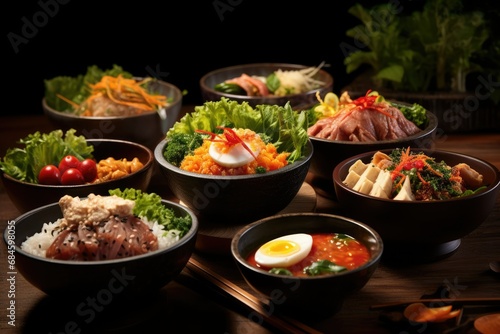 Variety of Asian food in bowl, Japanese meal