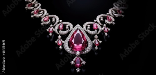 Red ruby necklace with white gems on black background