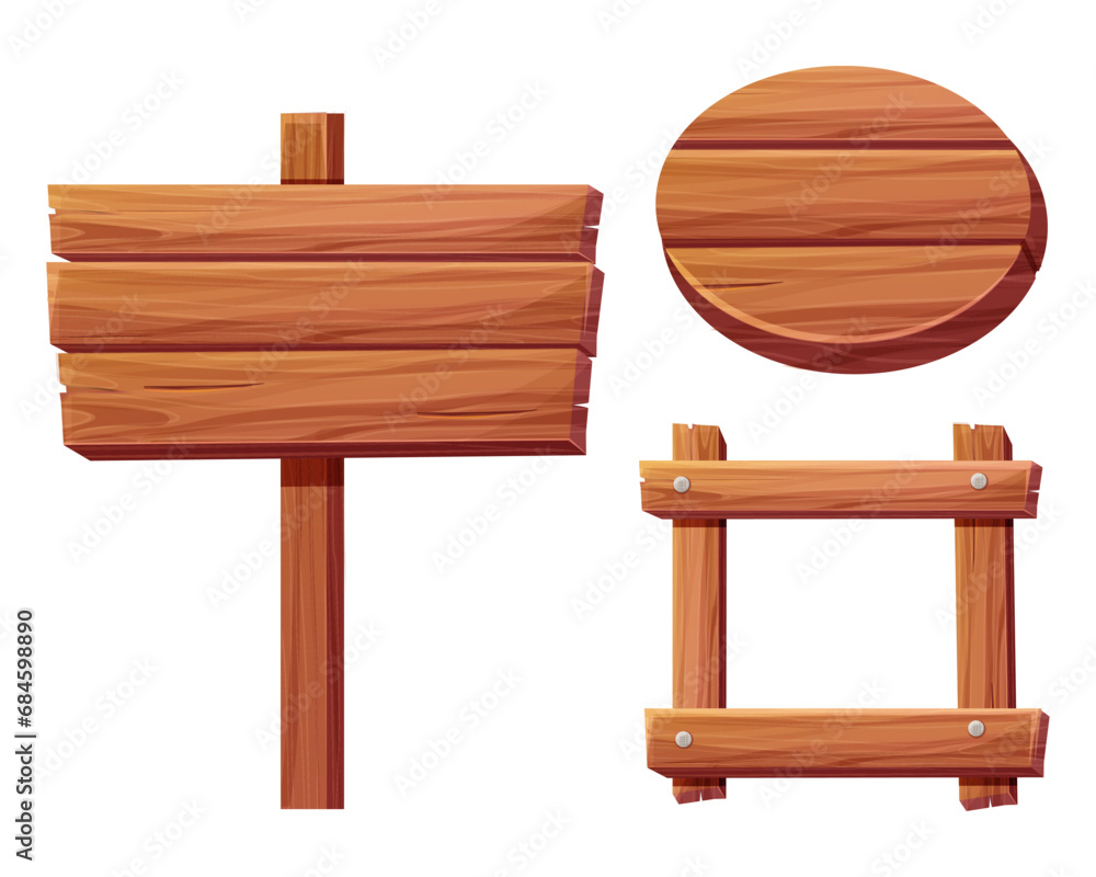 Set wooden frames borders from planks with rope and nails. Wood boards, brown old planks and panels with splits, game ui design Set wooden frames borders from planks with rope and nails. Wood boards, brown old planks and panels with splits, game ui design