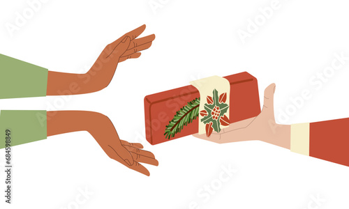 different hands wrapping Christmas gifts. Hold and tie ribbon bow, knots on present boxes in festive paper. Preparing Xmas, New year, birthday, Valentine's Day surprises. Vector illustrations