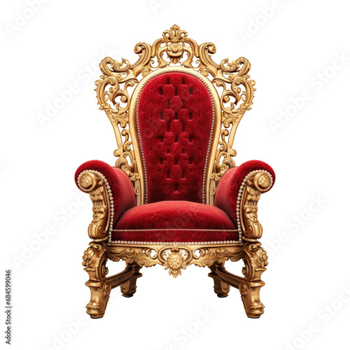 Luxury Baroque style throne chair in gilded wood and red velvet upholstery on clipped PNG transparent background
