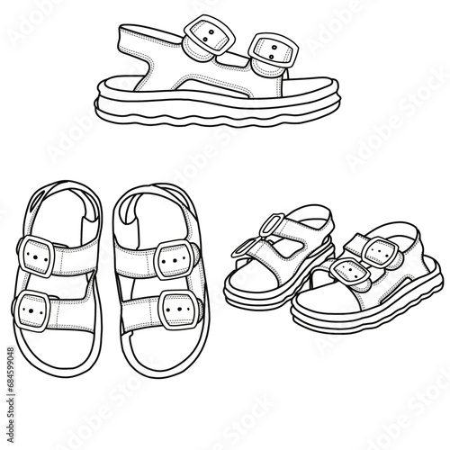 Vector of sketch sandals double-buckle for kids, isolated on a white background