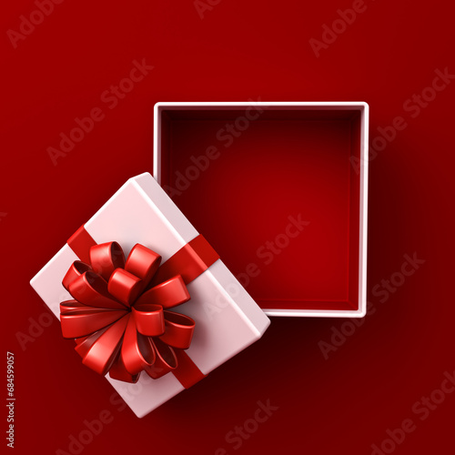 Blank white gift box open or top view of white present box tied with red ribbon bow isolated on dark red background with shadow minimal conceptual 3D rendering © masterzphotofo