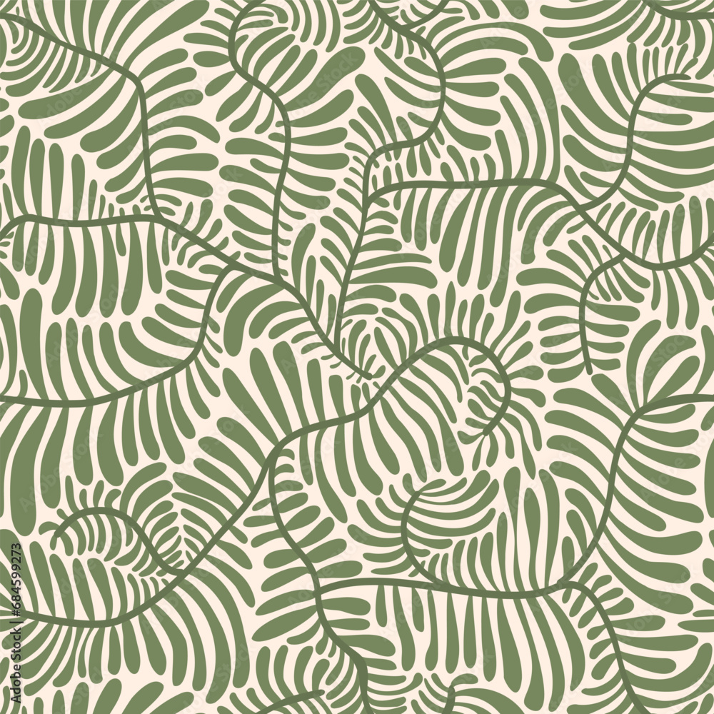 groovy curvy modern flowing botanical leafy branches design; abstract wavy foliage branches seamless pattern; vector illustration design in muted sage khaki olive green and cream tan pastel colors