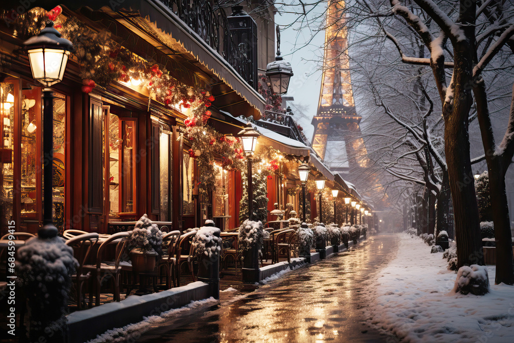 Paris, with festive lights and Christmas decorations, a light snowfall, and holiday-themed street decor, winter street