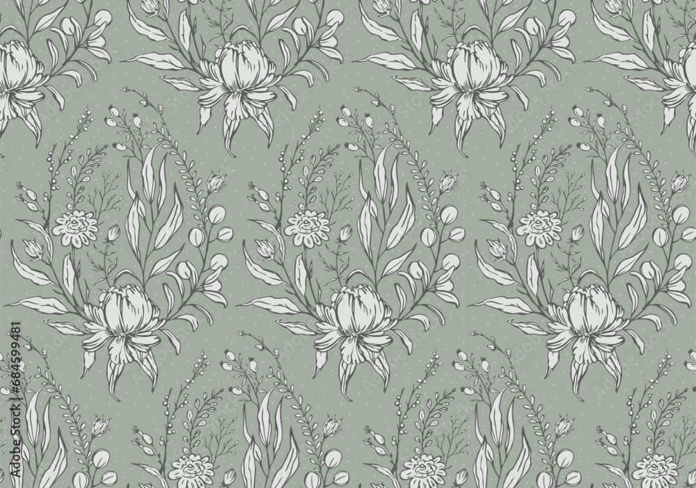 boho hand-drawn outline floral design in pale sage green colors, country style botanical foliage cottage style seamless pattern, vector illustration repeat texture boho hand-drawn outline floral design in pale sage green colors, country style botanical foliage cottage style seamless pattern, vector illustration repeat texture