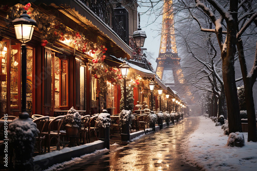 Paris, with festive lights and Christmas decorations, a light snowfall, and holiday-themed street decor, winter street photo