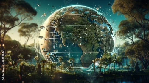 tracking environmental changes, a globe with digital overlays showing AI at work  