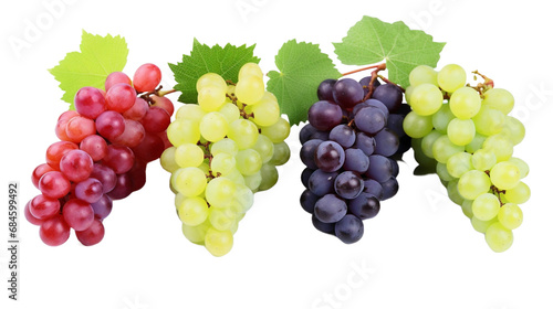 Bunch of Green, purple and red grapes collection isolated in white transparent background.