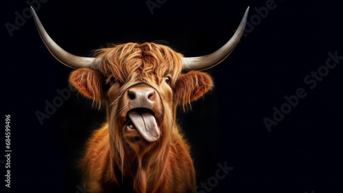 Funny Animals background - Scottish highland cow cattle with tongue out, isolated on black background.. photo