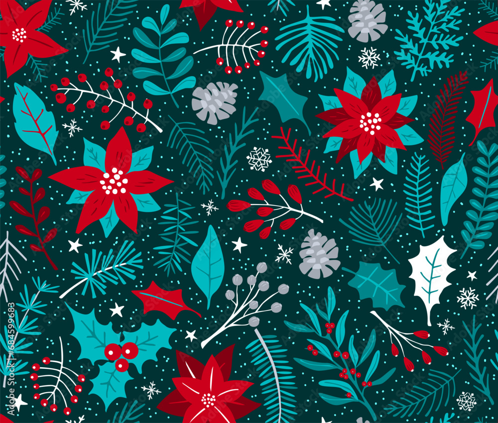 merry christmas  xmas winter foliage flowers leaves branches seamless pattern in teal and red colors, vector illustration repeat texture