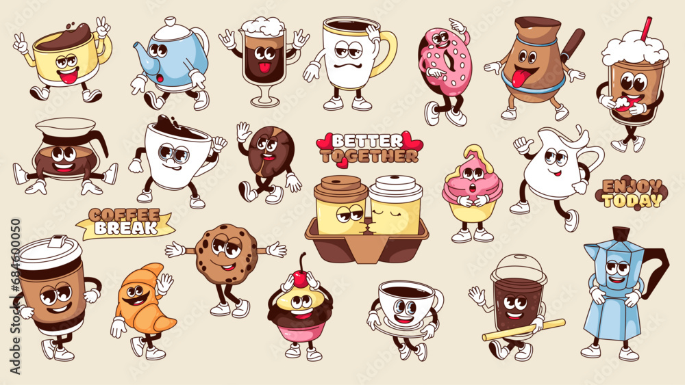 Groovy coffee stickers set vector illustration. Cartoon isolated retro happy cup with morning drink and pot, funny donut and cupcake characters, funky bean and text with balloon font for coffee break - obrazy, fototapety, plakaty 