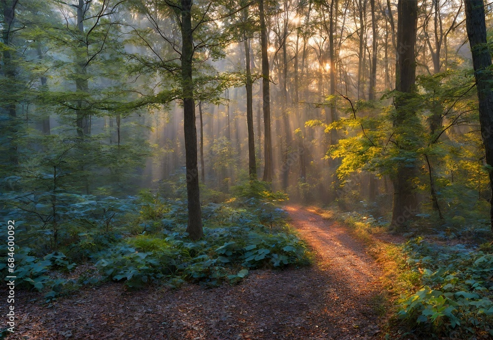 Fototapeta premium Gossamer Groves: Maryland's Enchanted Forest Morning Hues