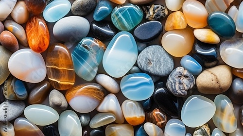 А pile of semi-precious, precious stones, close up  photo