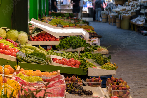 View of a fruits and vegetables stand at the outdoor market Kapani in Thessaloniki Greece