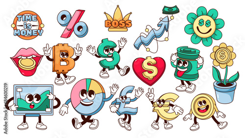 Groovy money stickers set vector illustration. Cartoon isolated funny retro collection of currency and gold coin personage, money tree and heart with dollar, comic pie chart character and arrow growth