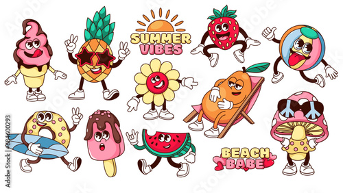 Groovy summer vacation stickers set vector illustration. Cartoon isolated funny comic characters of summer fruit and sweet food with arms and legs, mushroom and watermelon, pineapple in sunglasses