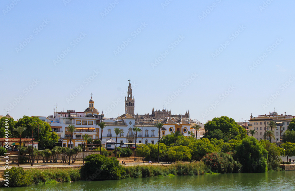 View of the waterfront of the Guadalquivir River in Seville, Andalusia, Spain.
