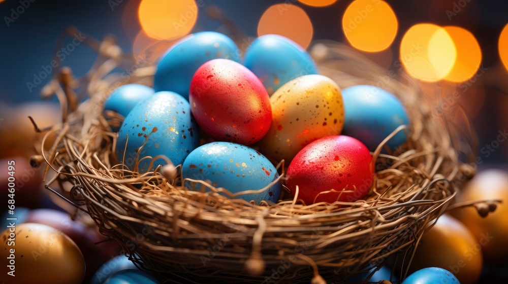 Fototapeta premium Spring Greeting Card Easter Eggs Nest , Background HD, Illustrations