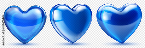 Set of beautiful translucent shiny hearts in blue colors, isolated on transparent background. Transparency only in vector format