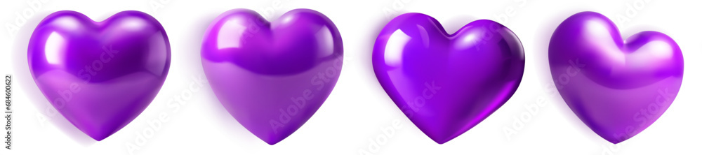 Set of beautiful purple hearts with glares and shadows on white background Set of beautiful purple hearts with glares and shadows on white background