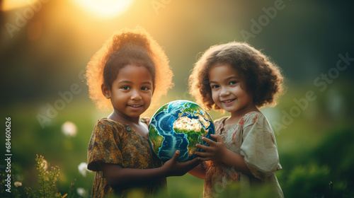 International day of peace concept. Two African little girls children holding planet earth globe over defocused nature background with copy space