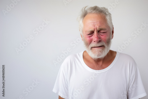 Portrait of a mature good looking man crying, white and neutral teeshirt and background, sadness © Olivier