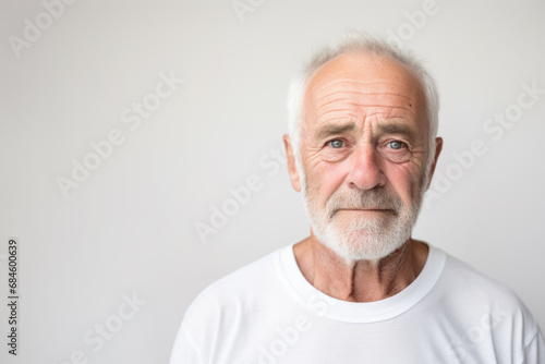 Portrait of a mature good looking man neutral expression, white and neutral teeshirt and background