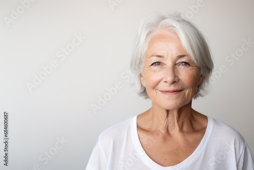 Portrait of a mature good looking woman neutral expression, white and neutral teeshirt and background