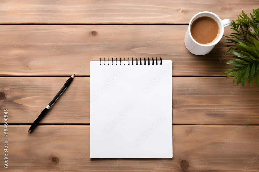 Work from home. desk office with laptop, blank notepad, coffee cup and pen on wood table. Generative Ai. Work from home. desk office with laptop, blank notepad, coffee cup and pen on wood table. Generative Ai.